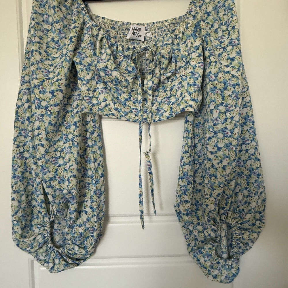 Princess Polly Blue/White/Yellow Floral Crop Top Balloon Sleeve Tie Front Size 4